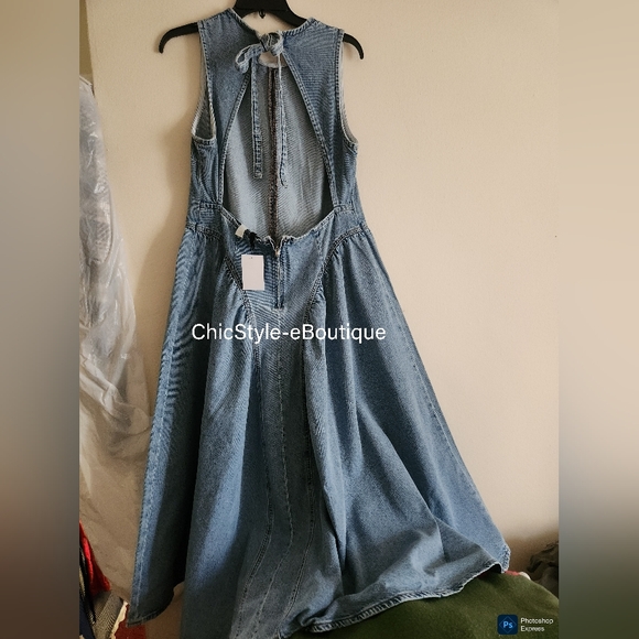 H&M Gorgeous Open-back Denim Dress Maxi Back Tie Cotton Light Denim Blue nwt - Picture 3 of 16